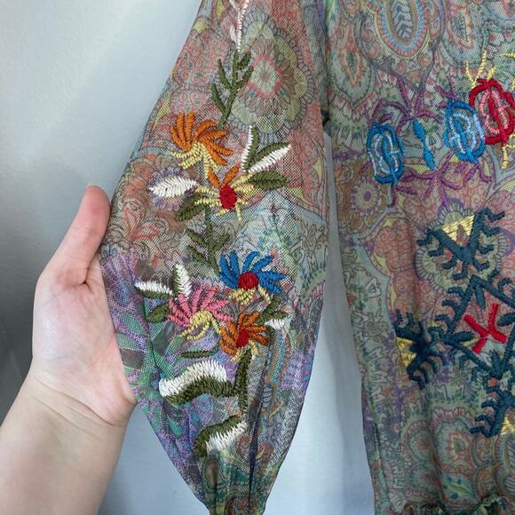 JOHNNY WAS Biya Wilde Mesh Dress Embroidered Boho Size XS Petite Floral Fall - Picture 7 of 15